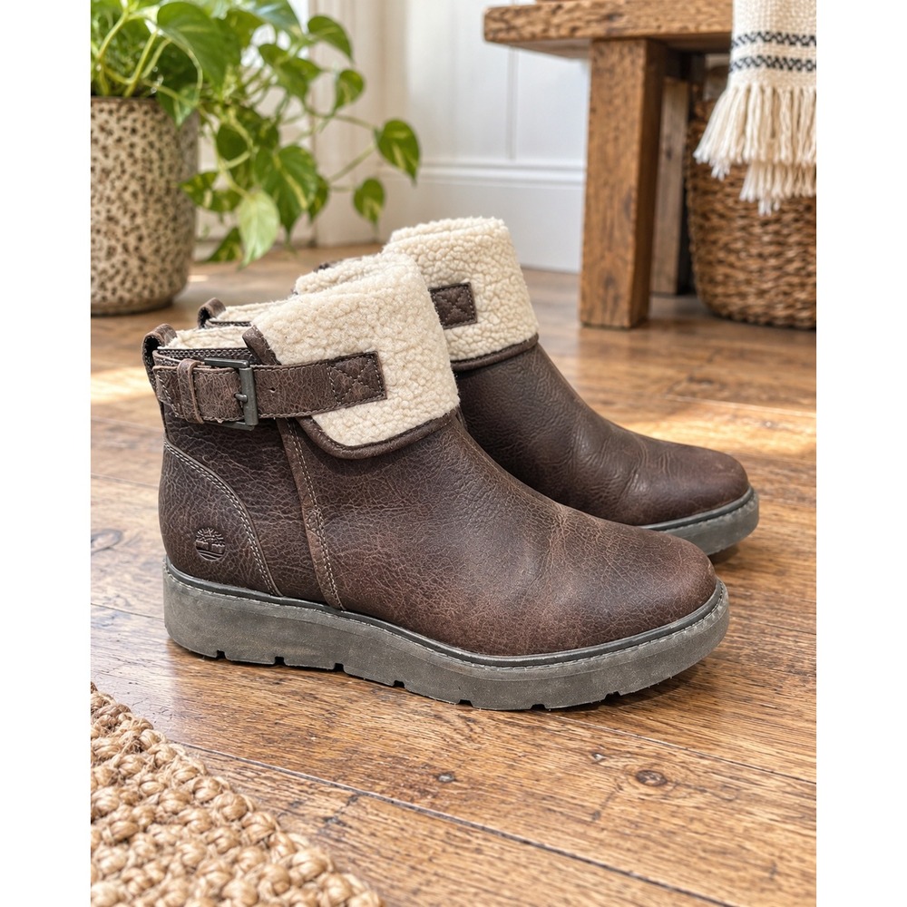 Timberland Kiri Up Fold-Down Brown Leather Shearling Boots A1KEJ Womens 6.5